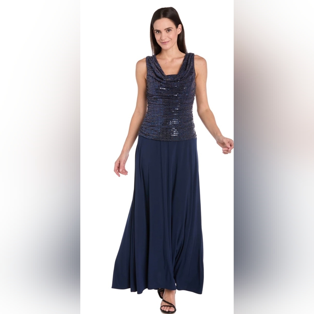 R&M Richards Shimmer Sleeveless Maxi Dress Navy Women's 16W